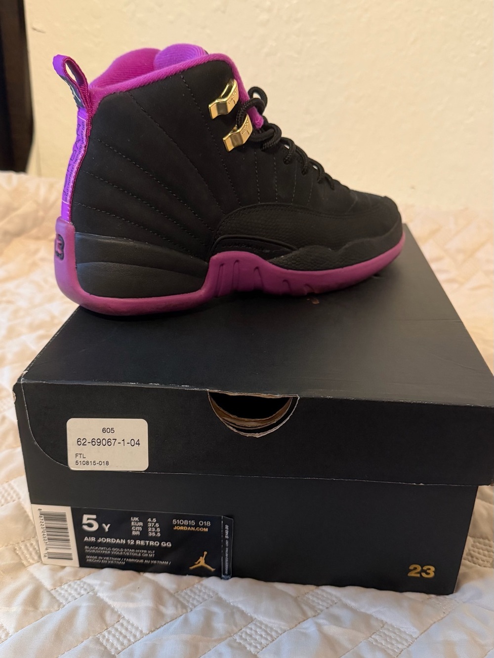 Jordan Women’s Black and Magenta High-Top Sneakers with Gold Eyelets - Picture 2 of 2